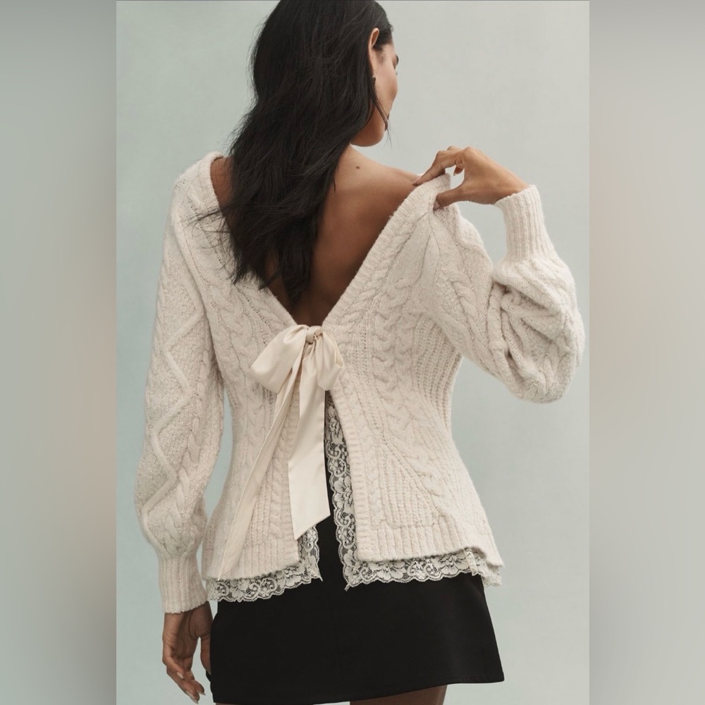 ✨ Anthropologie Open-Back Bow-Detail Chunky-Knit Sweater Sz XL